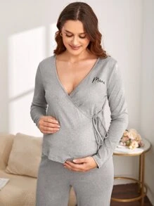 SHEIN Maternity Letter Graphic Wrap Knot Side Adjustable Elastic Waist Lounge Set - Light Grey - View 6