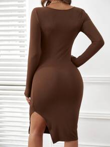 SHEIN Maternity Scoop Neck Belted Split Thigh Bodycon Dress - Coffee Brown - View 2