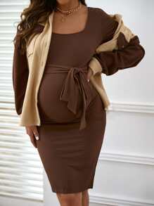 SHEIN Maternity Scoop Neck Belted Split Thigh Bodycon Dress - Coffee Brown - View 3