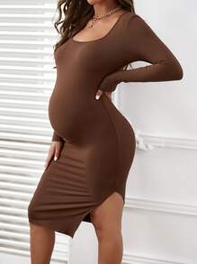 SHEIN Maternity Scoop Neck Belted Split Thigh Bodycon Dress - Coffee Brown - View 4