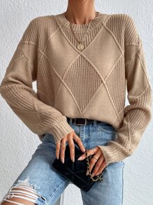 SHEIN Essnce 菱形印花落肩袖套頭毛衣 - 卡其色 - 查看 1