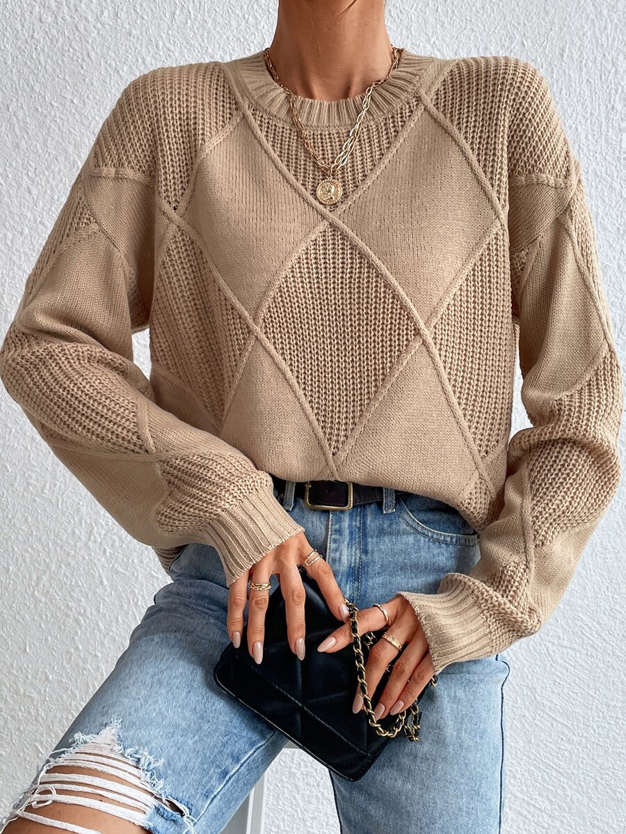 SHEIN Essnce 菱形印花落肩袖套頭毛衣 - 卡其色 - 查看 1