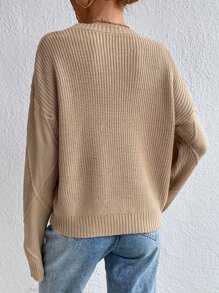 SHEIN Essnce 菱形印花落肩袖套頭毛衣 - 卡其色 - 查看 2