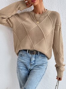 SHEIN Essnce 菱形印花落肩袖套頭毛衣 - 卡其色 - 查看 3