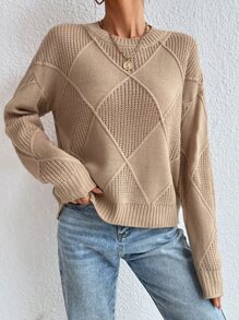 SHEIN Essnce 菱形印花落肩袖套頭毛衣 - 卡其色 - 查看 5