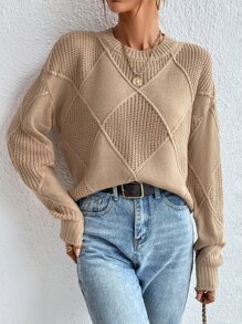 SHEIN Essnce 菱形印花落肩袖套頭毛衣 - 卡其色 - 查看 6