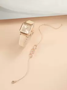 DISU 1 件极简主义石英表和 1 件手链节日作为返校学生的礼物 - 香檳色 - 查看 2