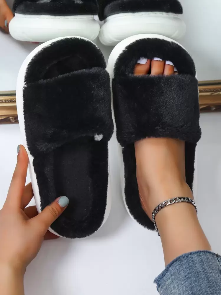 單帶毛茸茸臥室拖鞋 - 黑色 - 查看 1