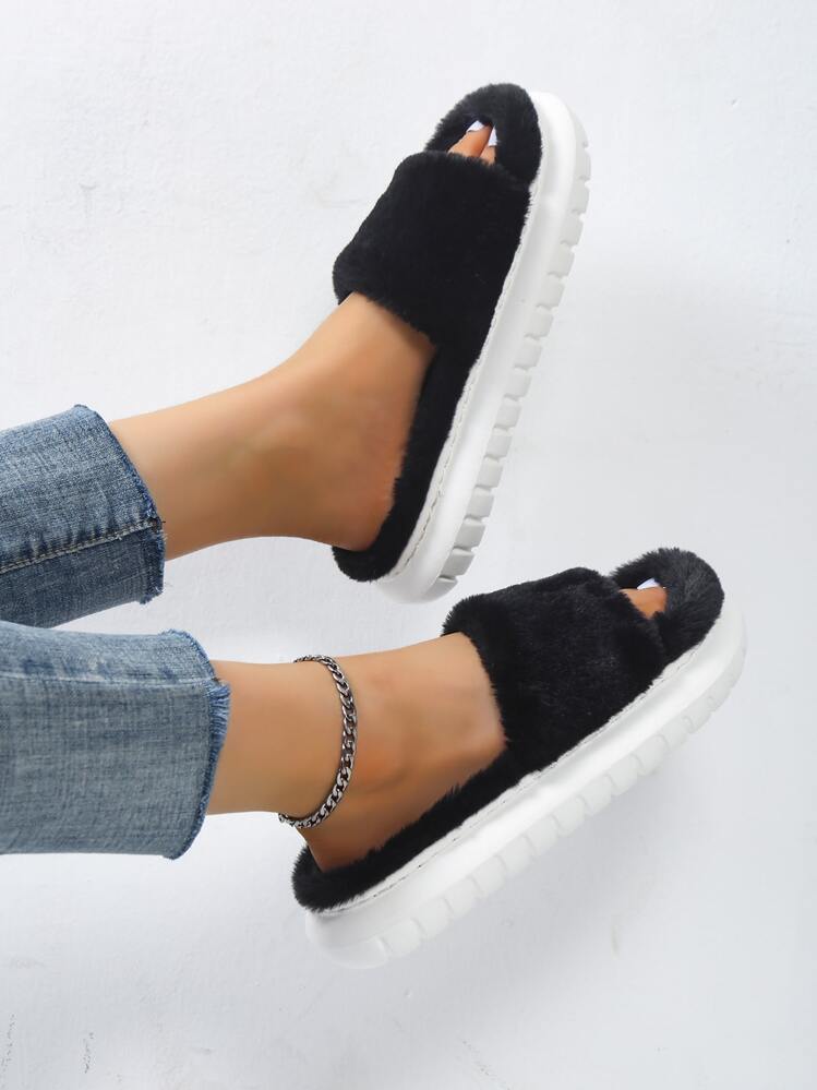 單帶毛茸茸臥室拖鞋 - 黑色 - 查看 4