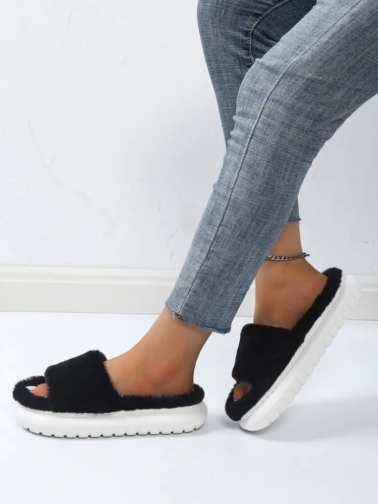 單帶毛茸茸臥室拖鞋 - 黑色 - 查看 5