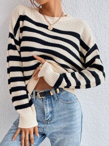 Chiquease Suéter con estampado de rayas y caída de hombros, blusas de manga larga - Multicolor - Ver 3