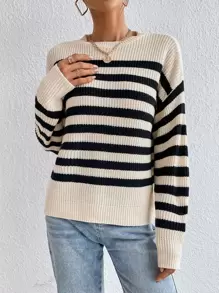 Chiquease Suéter con estampado de rayas y caída de hombros, blusas de manga larga - Multicolor - Ver 4