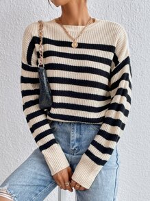 Chiquease Suéter con estampado de rayas y caída de hombros, blusas de manga larga - Multicolor - Ver 6