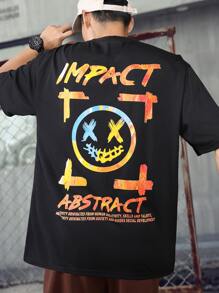 Manfinity 男士寬鬆t卹,印有口號和表情印花 - 黑色 - 查看 1