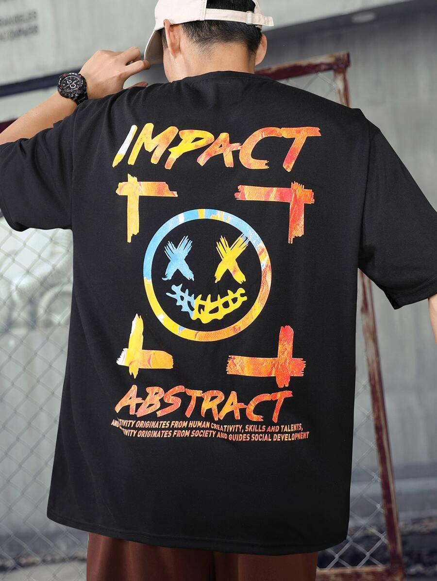 Manfinity 男士寬鬆t卹,印有口號和表情印花 - 黑色 - 查看 1