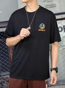 Manfinity 男士寬鬆t卹,印有口號和表情印花 - 黑色 - 查看 4