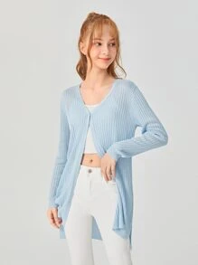 SHEIN Chicas adolescentes Cárdigan tejido de canalé - Celeste - Ver 4