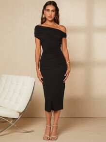 SHEIN Belle Asymmetrical Neck Ruched Bodycon Dress