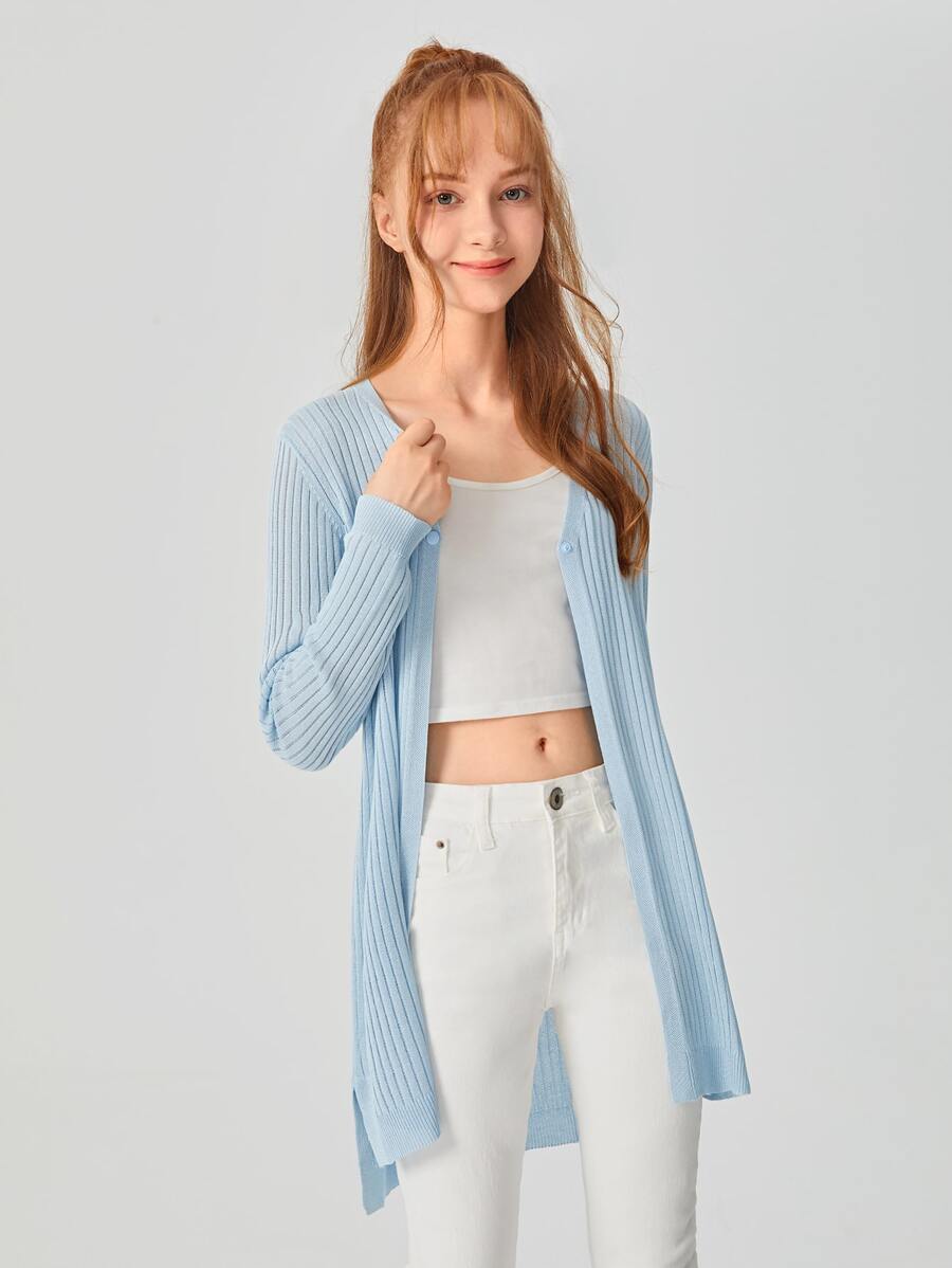 SHEIN Chicas adolescentes Cárdigan tejido de canalé - Celeste - Ver 1