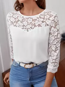 EURMUSE Guipure Lace Insert Tie Back Blouse - White - View 5