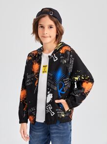 SHEIN 男孩潑墨和標語圖案插肩袖連帽夾克不帶T恤 - 彩色 - 查看 3