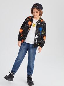 SHEIN 男孩潑墨和標語圖案插肩袖連帽夾克不帶T恤 - 彩色 - 查看 7