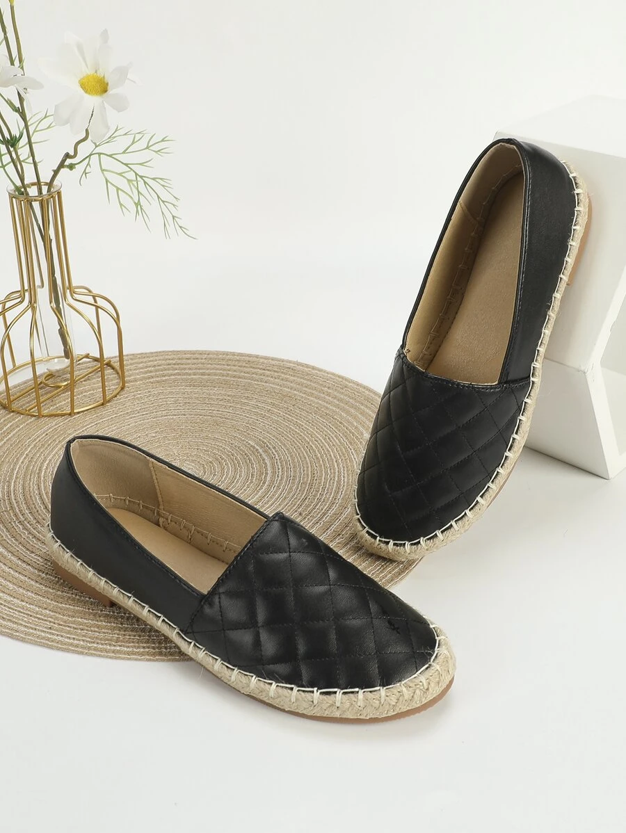 Quilted Detail Espadrille Flats - Black - View 1