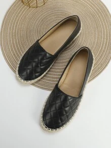 Quilted Detail Espadrille Flats - Black - View 2