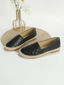 Quilted Detail Espadrille Flats - Black - View 3