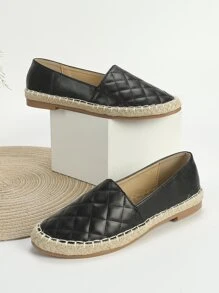 Quilted Detail Espadrille Flats - Black - View 4