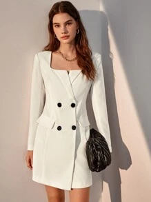 BizChic Square Neck Double Breasted Dress - White - View 1