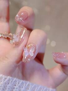 ROMWE Kawaii 24 piezas Uña postiza con diseño de mariposa & 1 hoja cinta - Multicolor - Ver 2