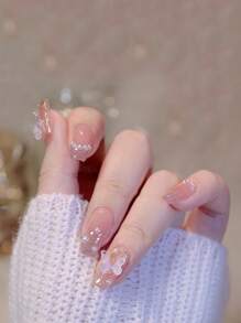 ROMWE Kawaii 24 piezas Uña postiza con diseño de mariposa & 1 hoja cinta - Multicolor - Ver 4