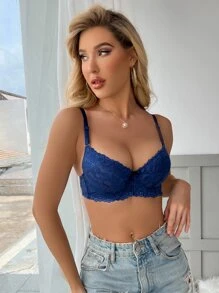 Lace Bow Front Underwire Bra - Navy Blue - View 4