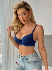 Lace Bow Front Underwire Bra - Navy Blue - View 5