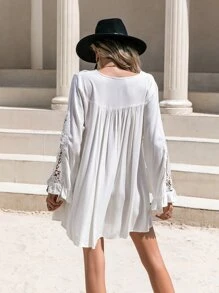 Rusttydustty 水溶蕾絲拼接鐘形袖娃娃裙 - 白色 - 查看 2