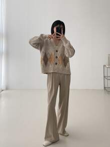 DAZY Argyle Pattern Drop Shoulder Cardigan - Apricot - View 4