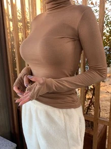 DAZY High Neck Thumb Holes Tee - Brown - View 4