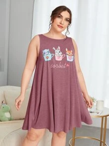 SHEIN Đầm mặc nhà Kích Thước Lớn Hoạt hình Lá thư Dễ thương - Màu Đỏ Sâu - Xem 1
