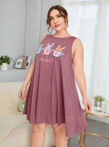 SHEIN Đầm mặc nhà Kích Thước Lớn Hoạt hình Lá thư Dễ thương - Màu Đỏ Sâu - Xem 3