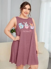 SHEIN Đầm mặc nhà Kích Thước Lớn Hoạt hình Lá thư Dễ thương - Màu Đỏ Sâu - Xem 4