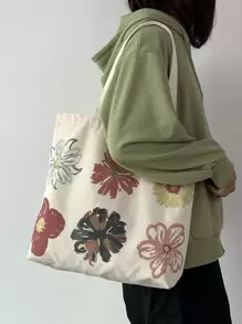 Flowers Floral Print Shopper Bag For Business/Commute/Work/Office School Bag, Back To School Backpack, Large Capacity, Portable, Lightweight, Classic Casual, Suitable For Teen Girls Women College Students, Perfect For Back To School, College, Shopping, Middle School, High School, Exquisite Floral Bag For Women, Literary School Bag & Bookbag For Women Or Students, Perfect For Books, Shopping, Back To School And More - White - View 2