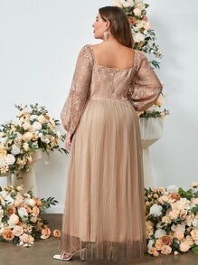 Simplee Plus Contrast Lace Lantern Sleeve Mesh Formal Dress - Apricot - View 2