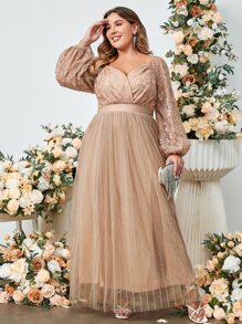 Simplee Plus Contrast Lace Lantern Sleeve Mesh Formal Dress - Apricot - View 3
