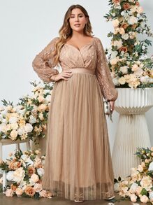 Simplee Plus Contrast Lace Lantern Sleeve Mesh Formal Dress - Apricot - View 4