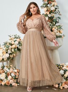 Simplee Plus Contrast Lace Lantern Sleeve Mesh Formal Dress - Apricot - View 5