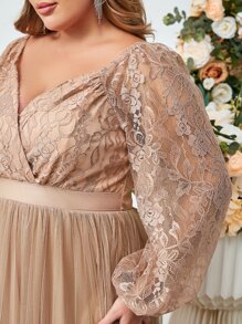 Simplee Plus Contrast Lace Lantern Sleeve Mesh Formal Dress - Apricot - View 6