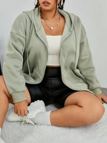 CovetEZ Plus Size Zip Up Drop Shoulder Thermal Drawstring Sweatshirt - Mint Green - View 1
