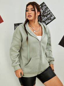 CovetEZ Plus Size Zip Up Drop Shoulder Thermal Drawstring Sweatshirt - Mint Green - View 3