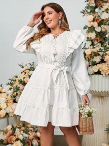 Simplee Vestido con cinturón de cuello con cordón con bordado con ojal ribete con fruncido - Blanco - Ver 1
